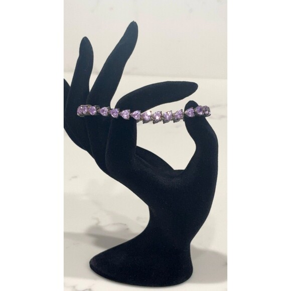 Vintage Sterling Silver Bracelet Purple Glass Heart Stones Signed 7" - Picture 3 of 14